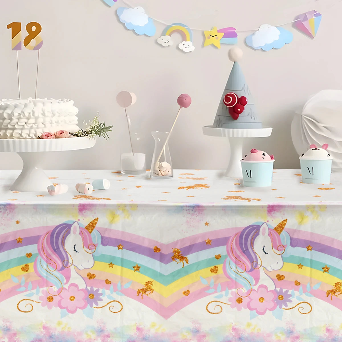 Rainbow Unicorn Party Tablecloth
