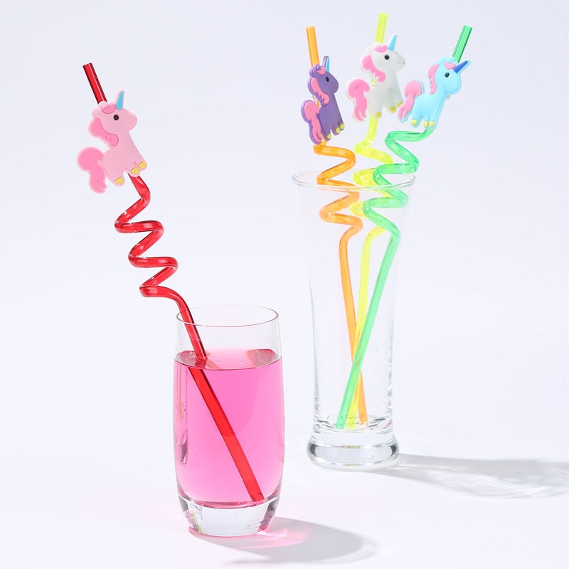 8pcs Unicorn Theme Spiral Plastic Drinking Straw Reusable Unicorn